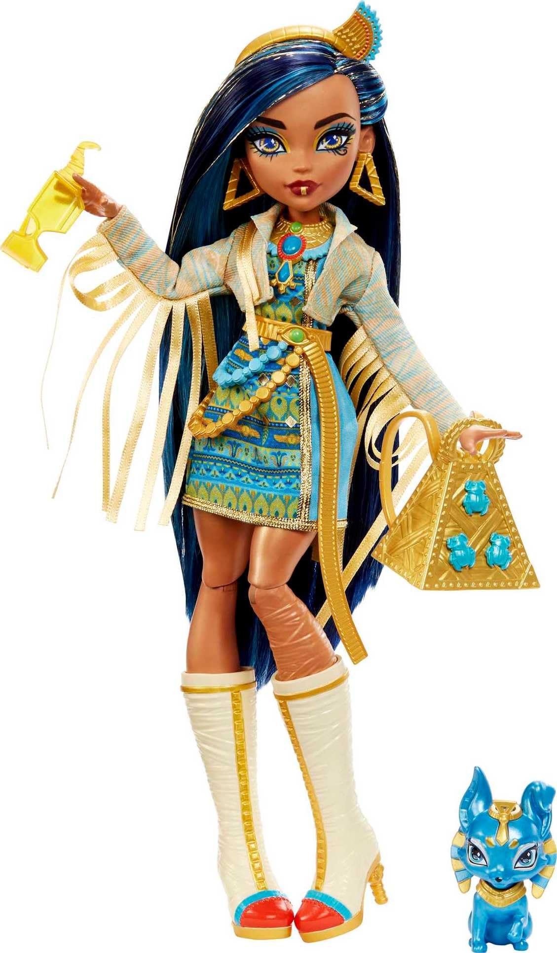 Monster High Cleo De Nile with blue-streak hair and royal dress for imaginative play.