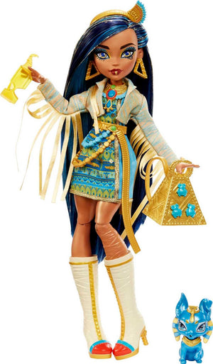 Monster High Cleo De Nile with blue-streak hair and royal dress for imaginative play.