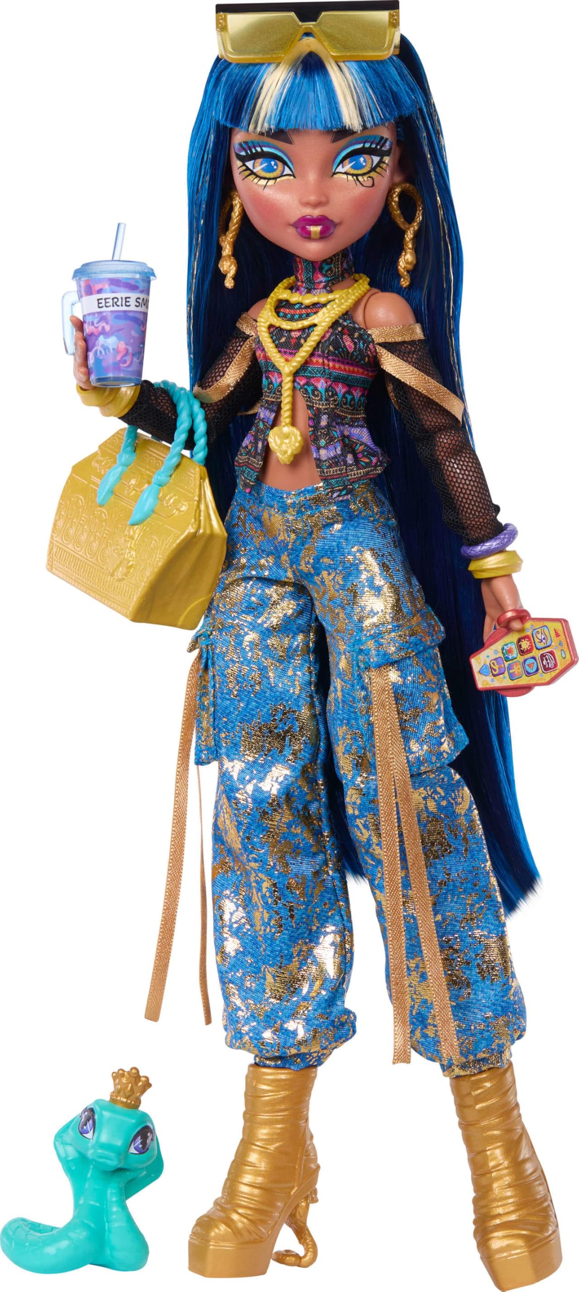 Monster High Cleo De Nile in crop top and gold denim pants ready for royal play.