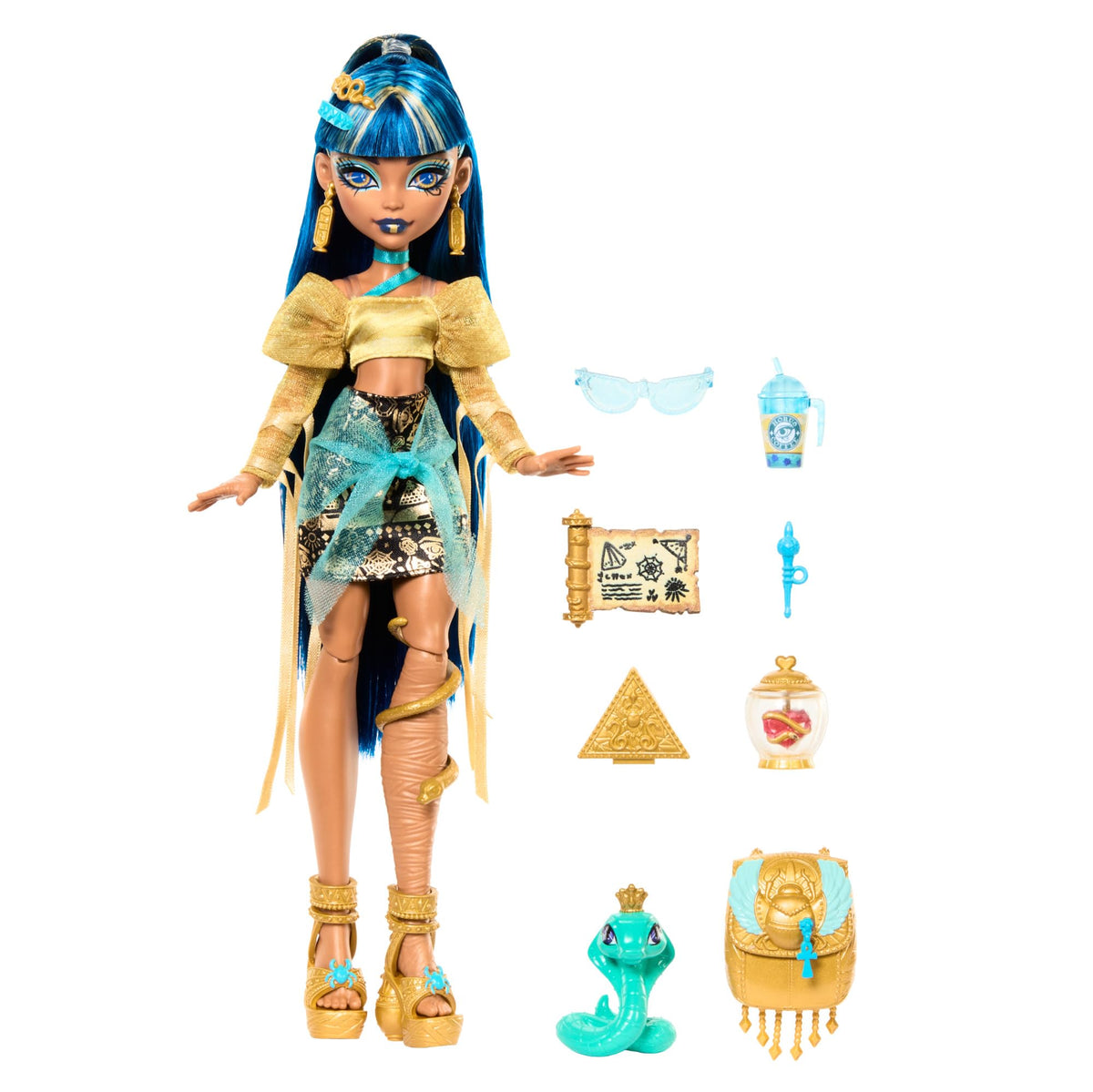 Cleo De Nile doll with heart-in-a-jar prop for spooky scenes