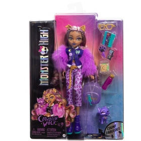 Monster High Clawdeen Wolf doll with planner, water bottle, snacks and glasses for everyday scenes.