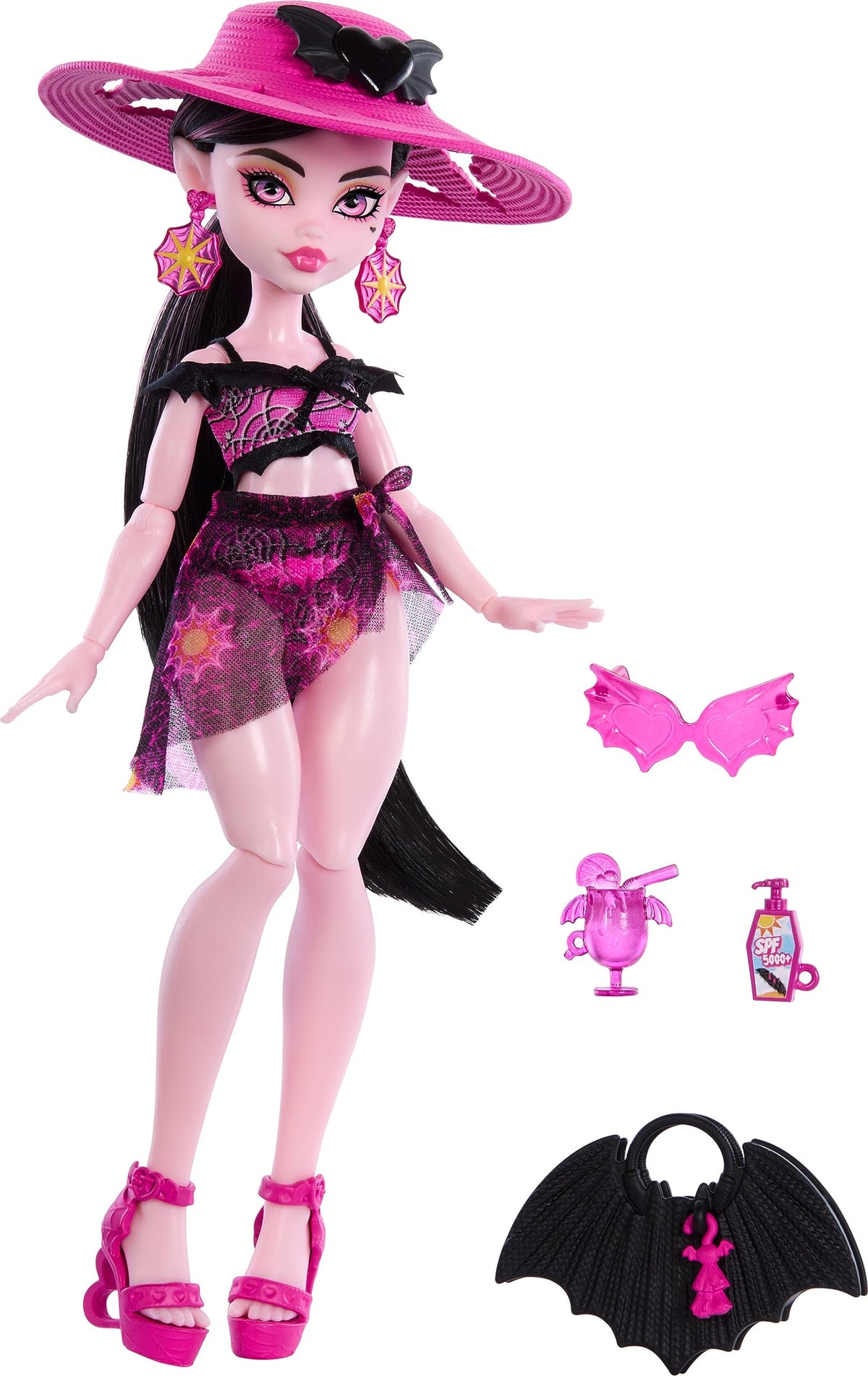 Monster High Draculaura basket tote and sandals complete beach-ready look.