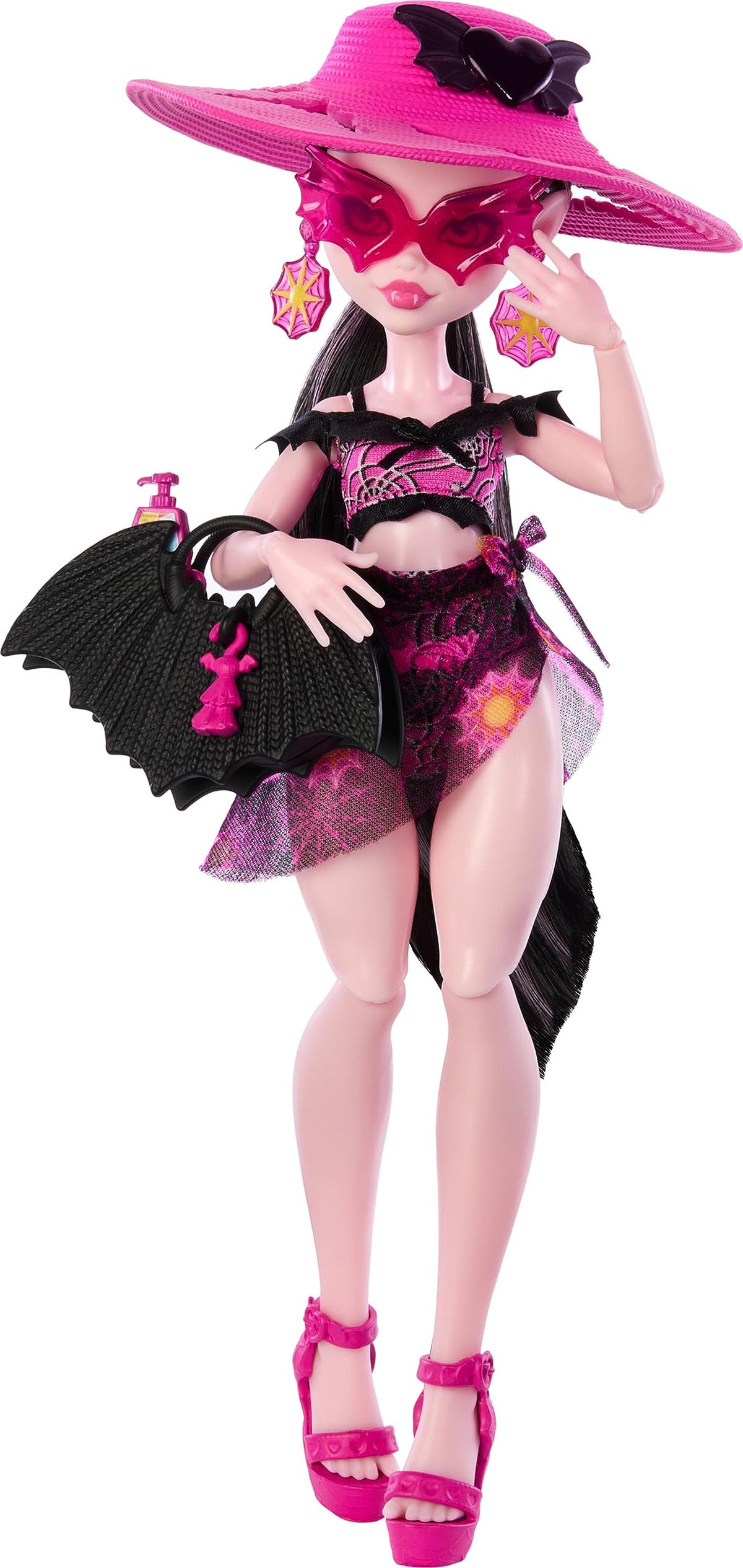 Monster High Draculaura in bat-ruffle swimsuit on Scare-adise Island beach.