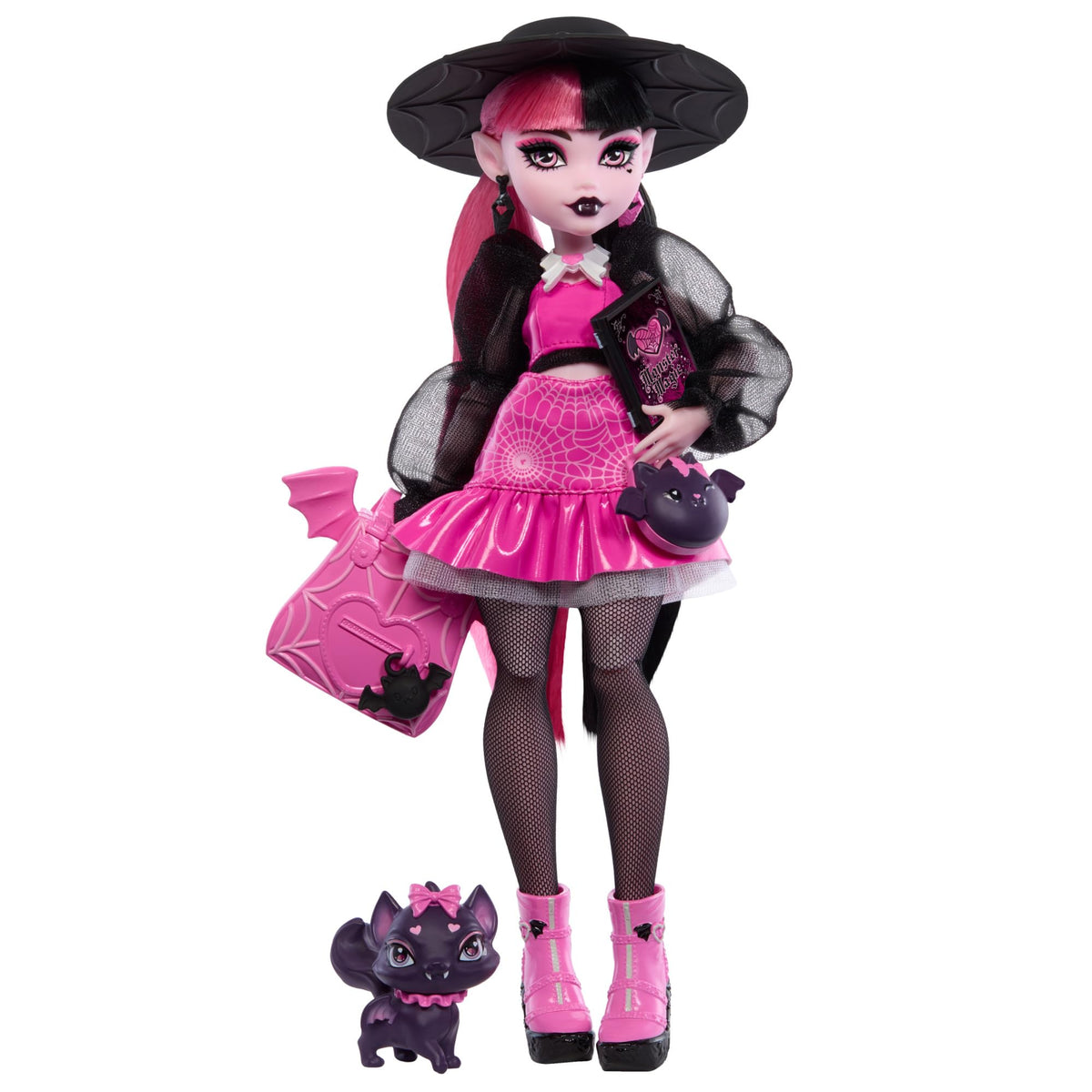 Monster High Draculaura doll with Count Fabulous in pink and black outfit for imaginative play