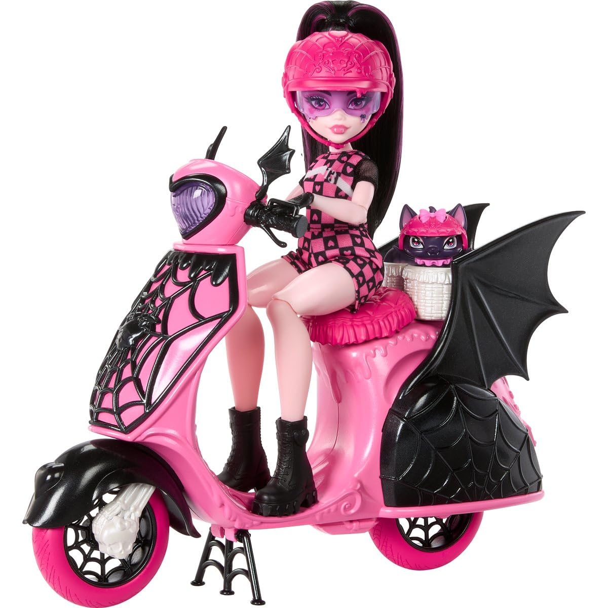 Monster High Draculaura doll display, complete with scooter, perfect for shelf styling.