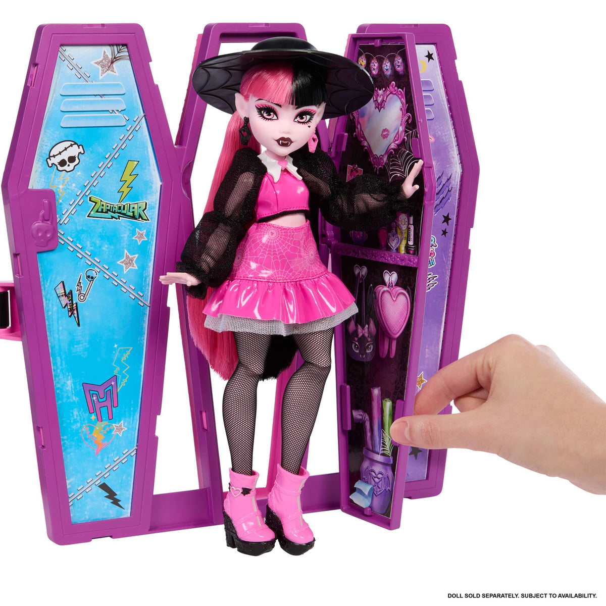 Monster High Draculaura perch and shelves organize accessories for a cozy setup.