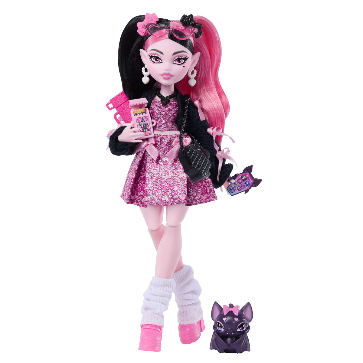 Monster High Draculaura in pink bow dress for imaginative play.