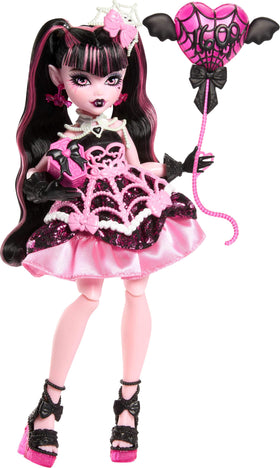 Monster High Draculaura in scary-sweet birthday dress for imaginative play.