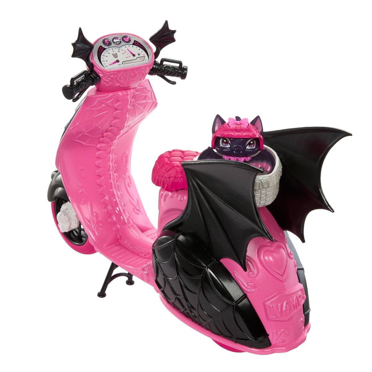 Monster High Draculaura scooter close-up highlighting colors and details.