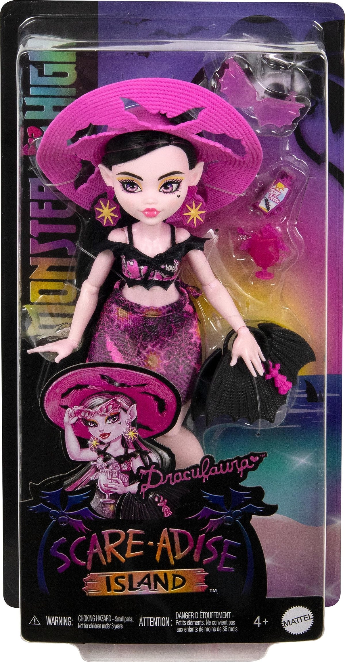 Monster High Draculaura tropical drink and earrings enhance storytelling play.