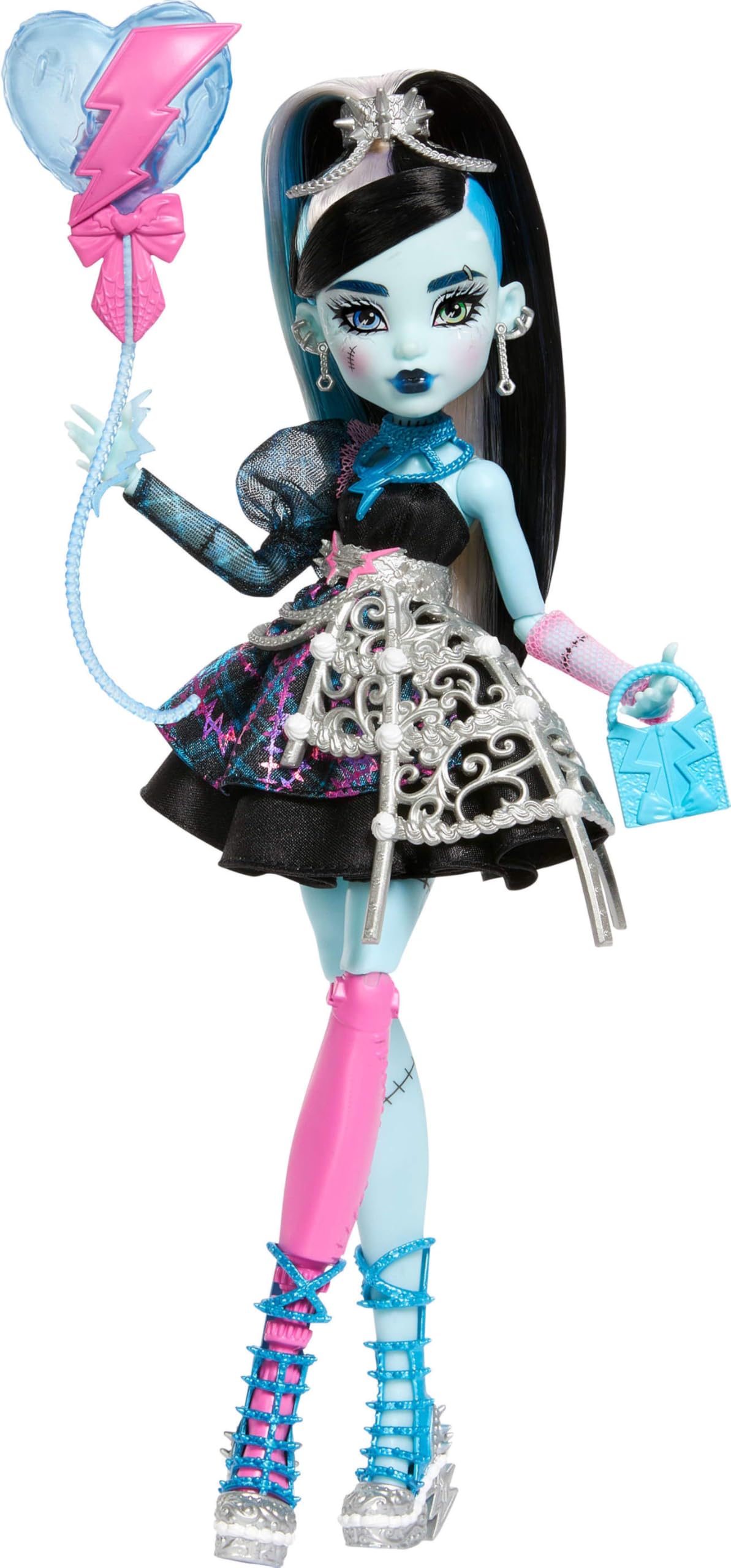 Monster High Frankie Stein birthday doll in black dress for imaginative play.