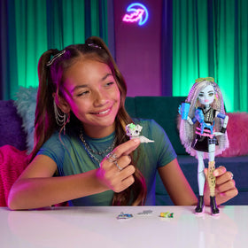 Monster High Frankie Stein in black pleather skirt for bold fashion storytelling