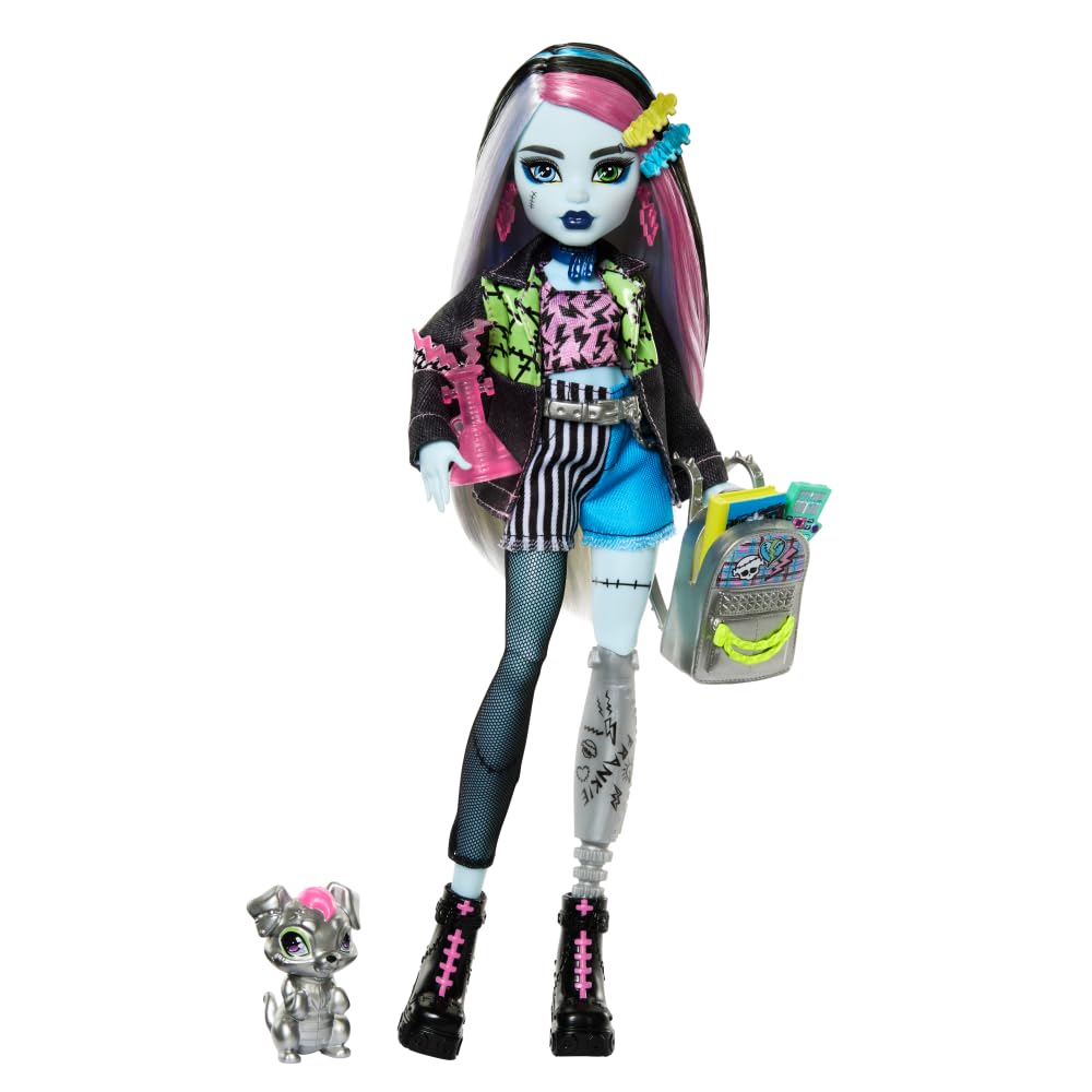 Monster High Frankie Stein doll in patchwork denim jacket inspires imaginative fashion storytelling.