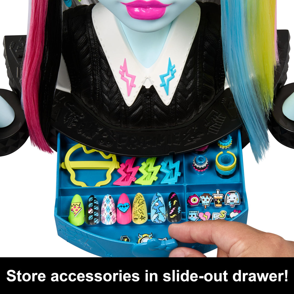 Monster High Frankie Stein hair ties simplify quick hairstyle changes