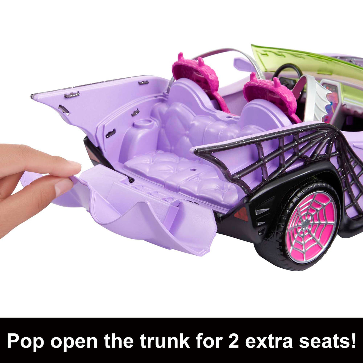 Monster High Ghoul Mobile coffin cooler in trunk for pretend refreshments.