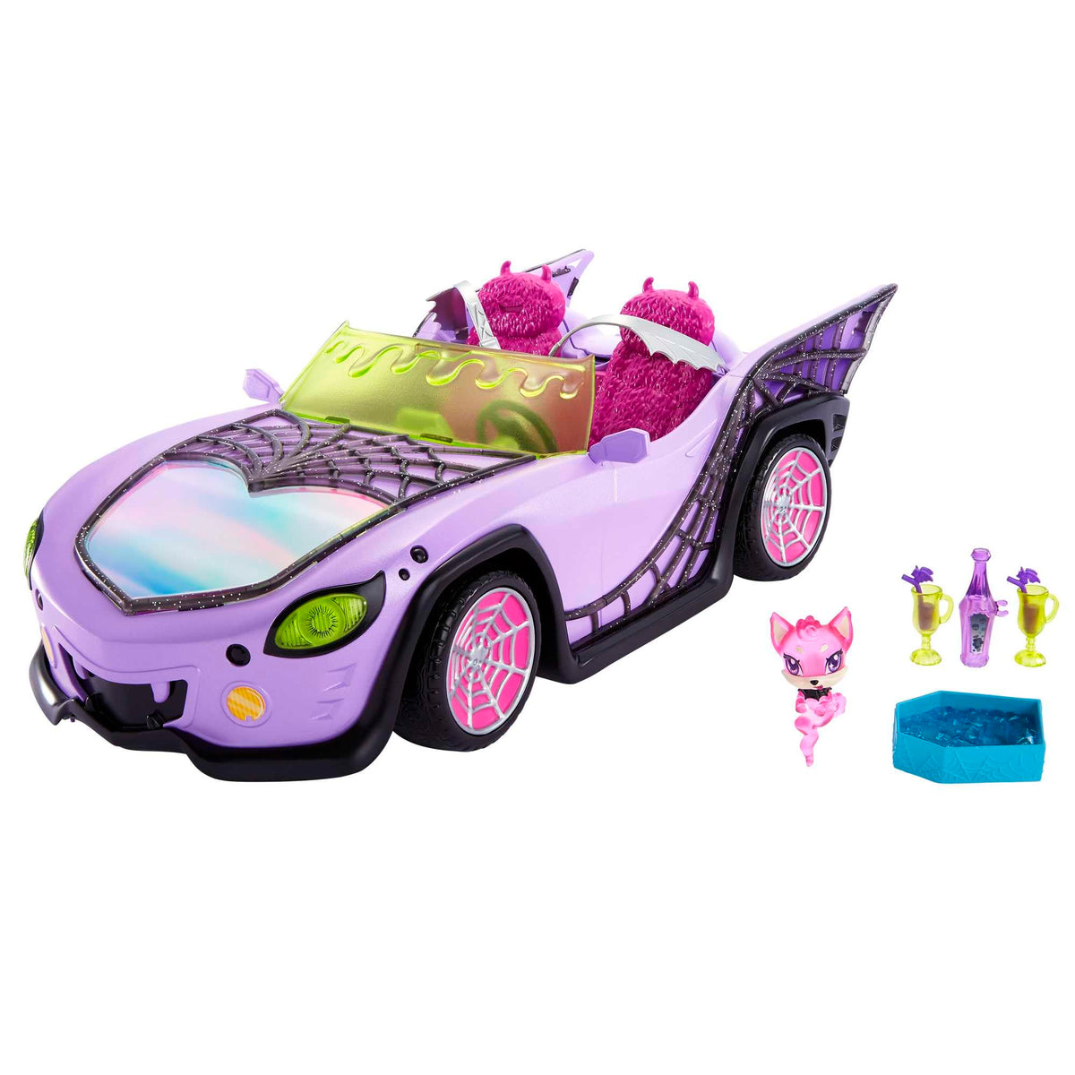 Monster High Ghoul Mobile with spiderweb details for stylish spooky pretend play.