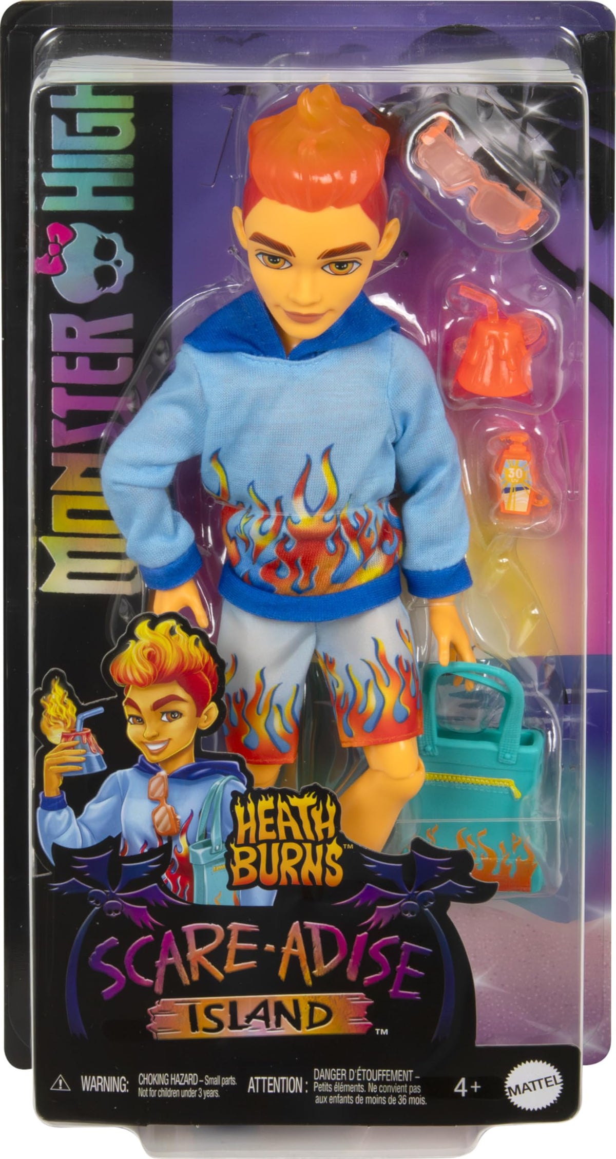 Monster High Heath Burns doll on a Scare-adise Island beach backdrop for imaginative adventures.