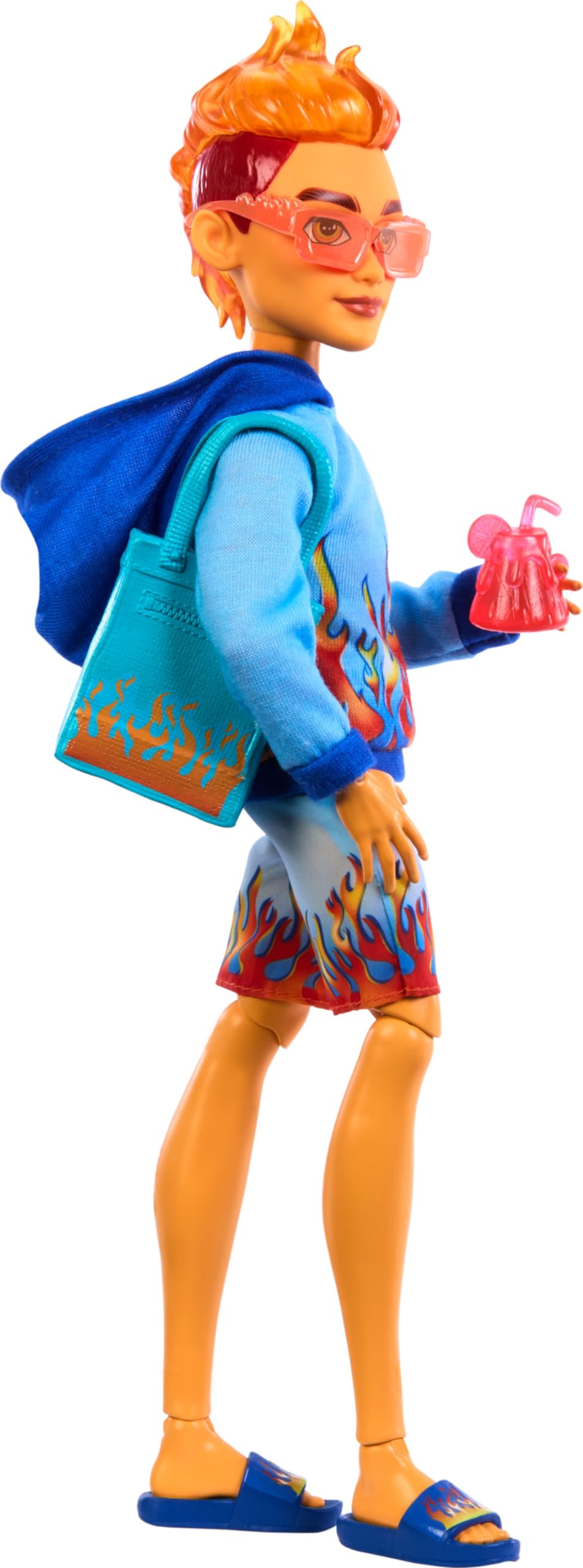Monster High Heath Burns doll with flame-detail beach bag for storytelling.