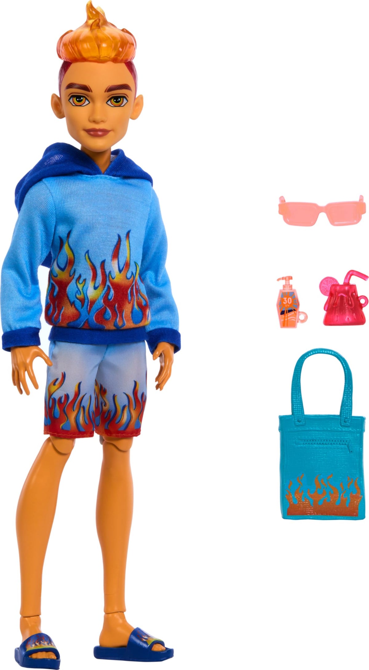 Monster High Heath Burns doll in flame hoodie ready for a sunny beach day.