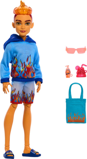 Monster High Heath Burns doll in flame hoodie ready for a sunny beach day.