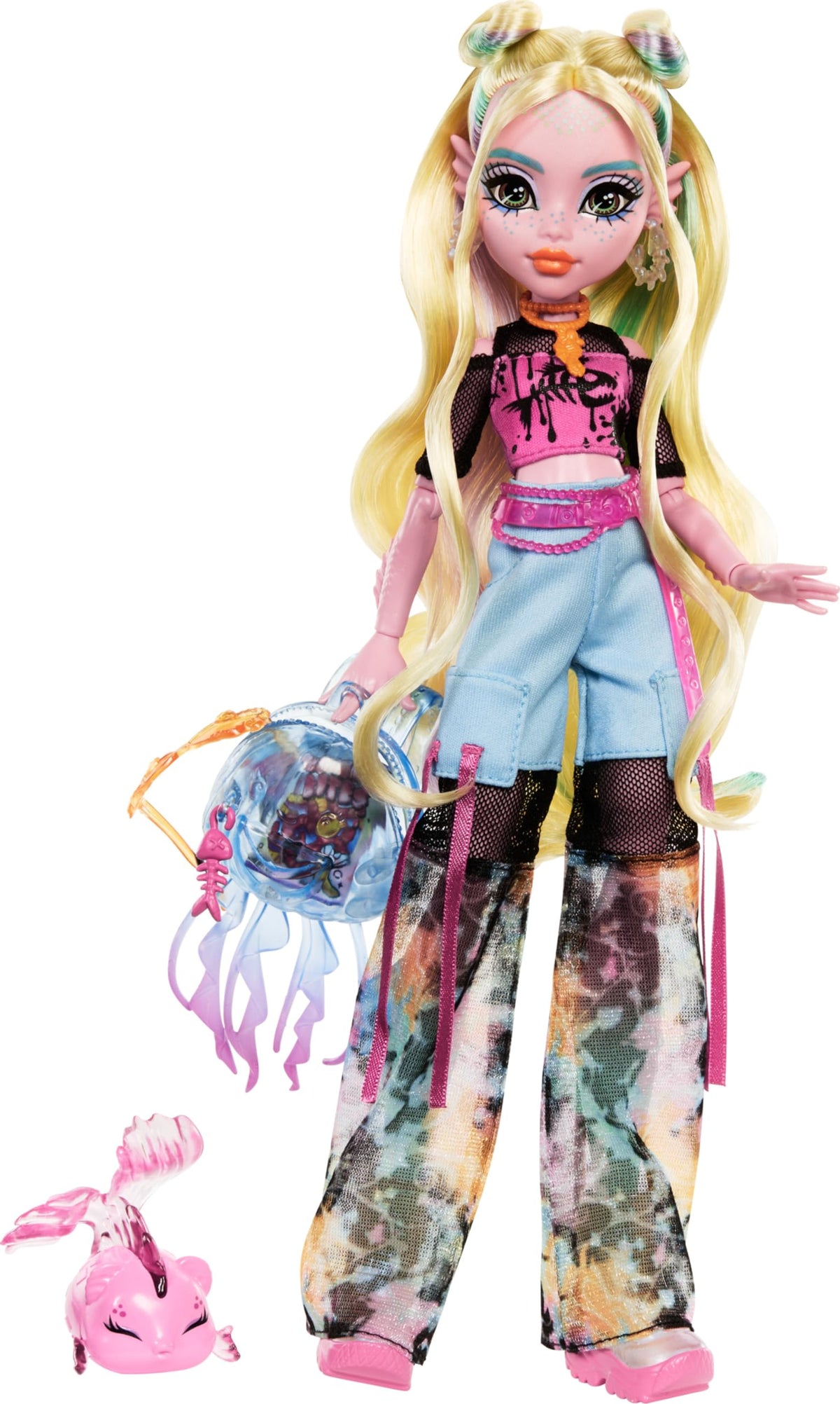 Monster High Lagoona Blue doll wearing mesh tee and cargo pants for imaginative sea adventures.