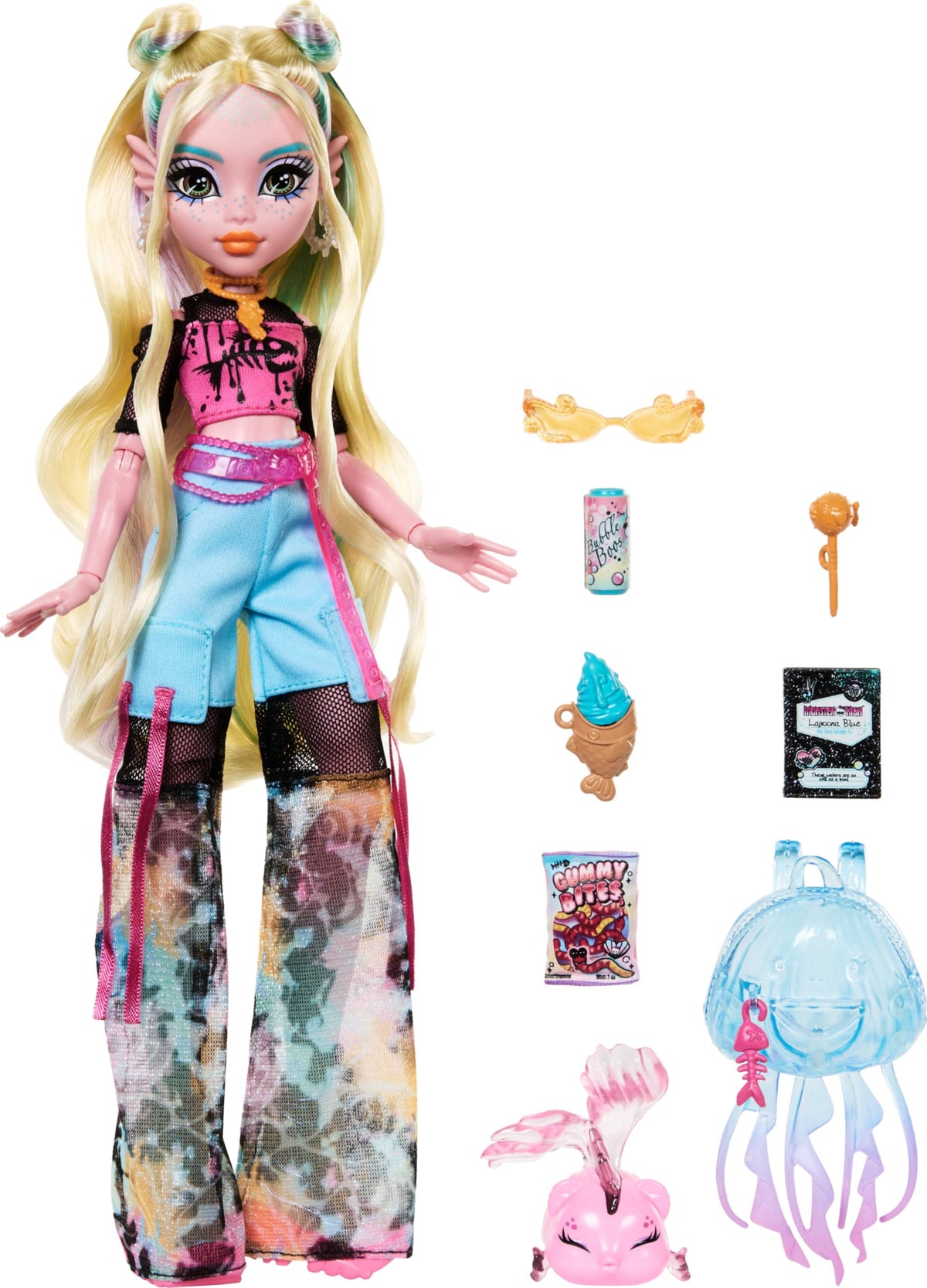Monster High Lagoona Blue doll with notebook and pencil for creative adventures.
