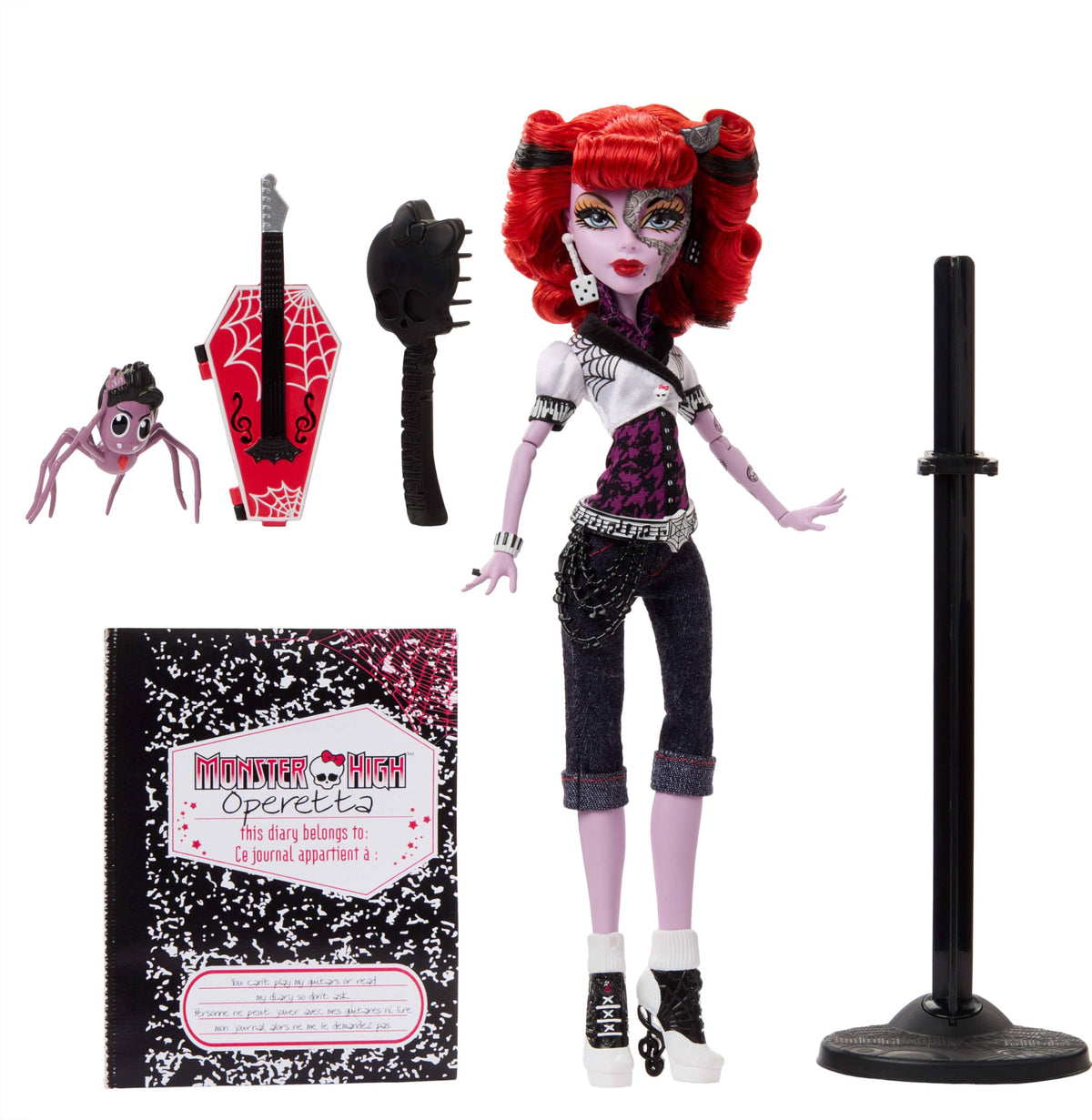 Monster High Operetta guitar with spiderweb design for dramatic scenes.