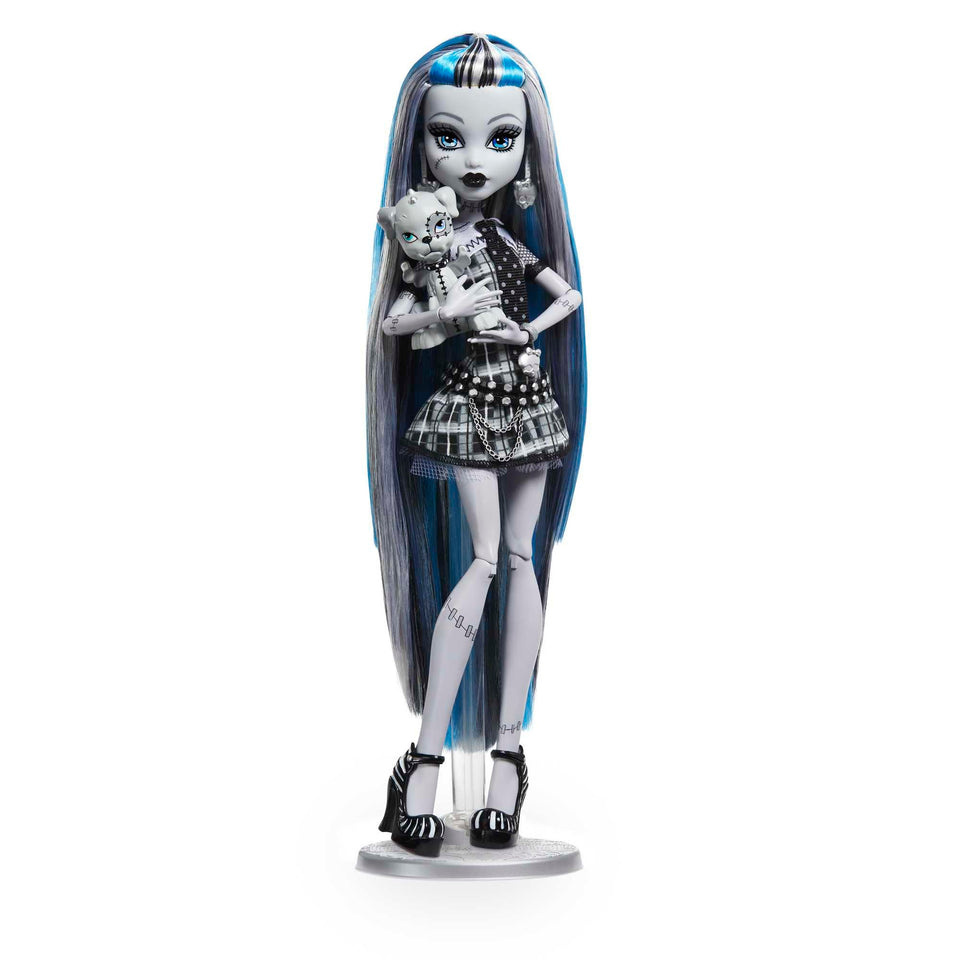 Monster High Frankie Stein Reel Drama BW doll showcases monochrome style for display.