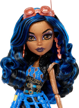 Monster High Robecca Steam dress detail highlights gear-inspired styling and blue overskirt