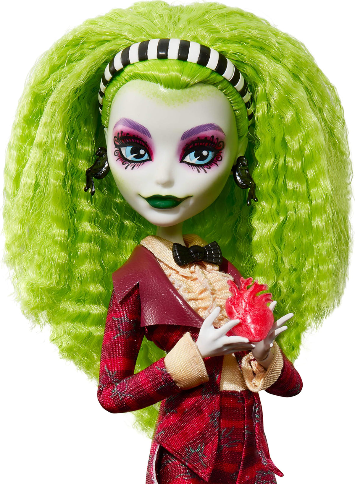 Beetlejuice doll in striped suit with tombstone heel detail for display.