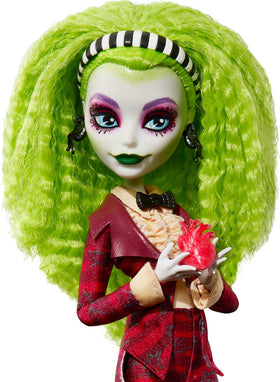 Beetlejuice doll in striped suit with tombstone heel detail for display.
