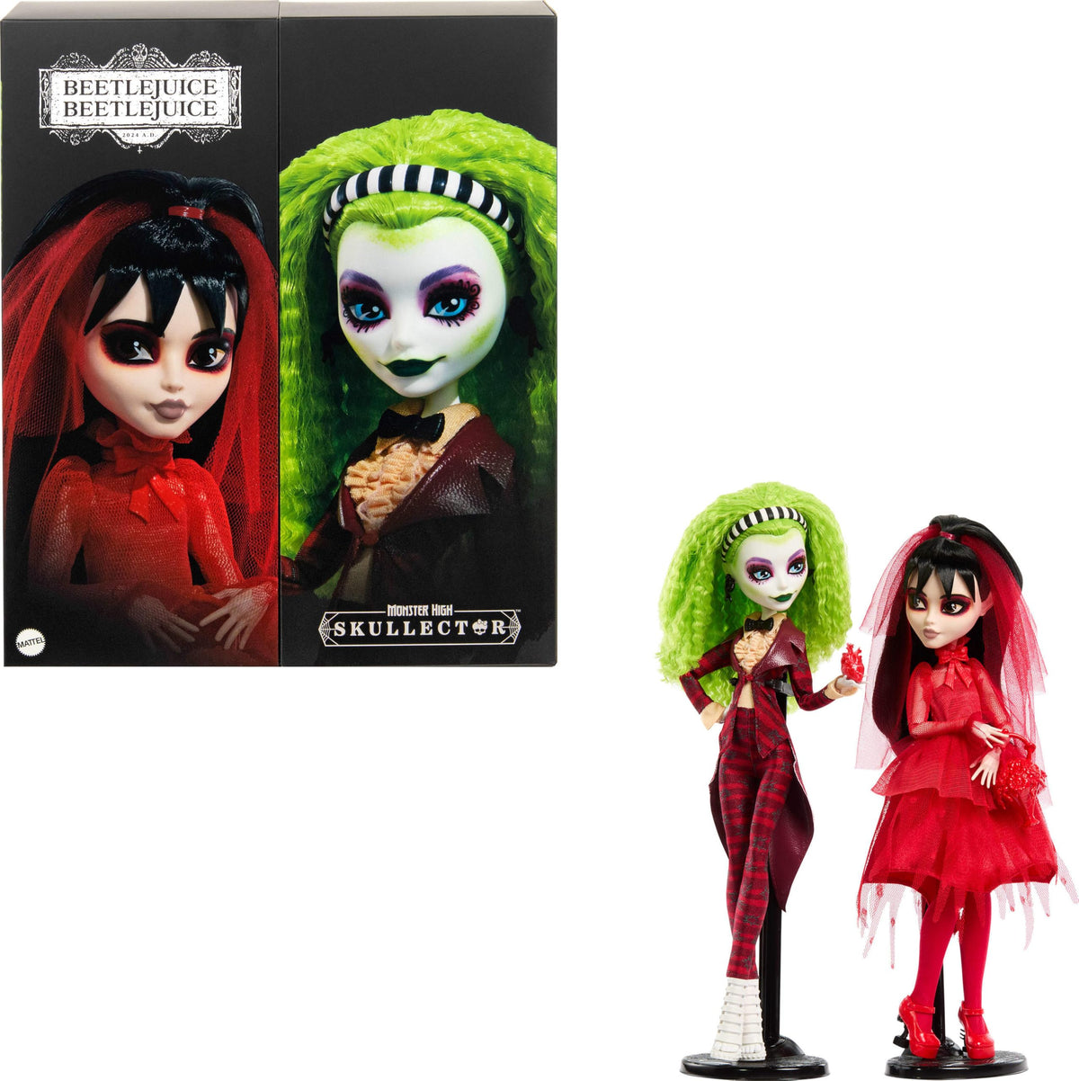 Monster High Skullector Beetlejuice doll in striped suit with wedding-ready details for display.