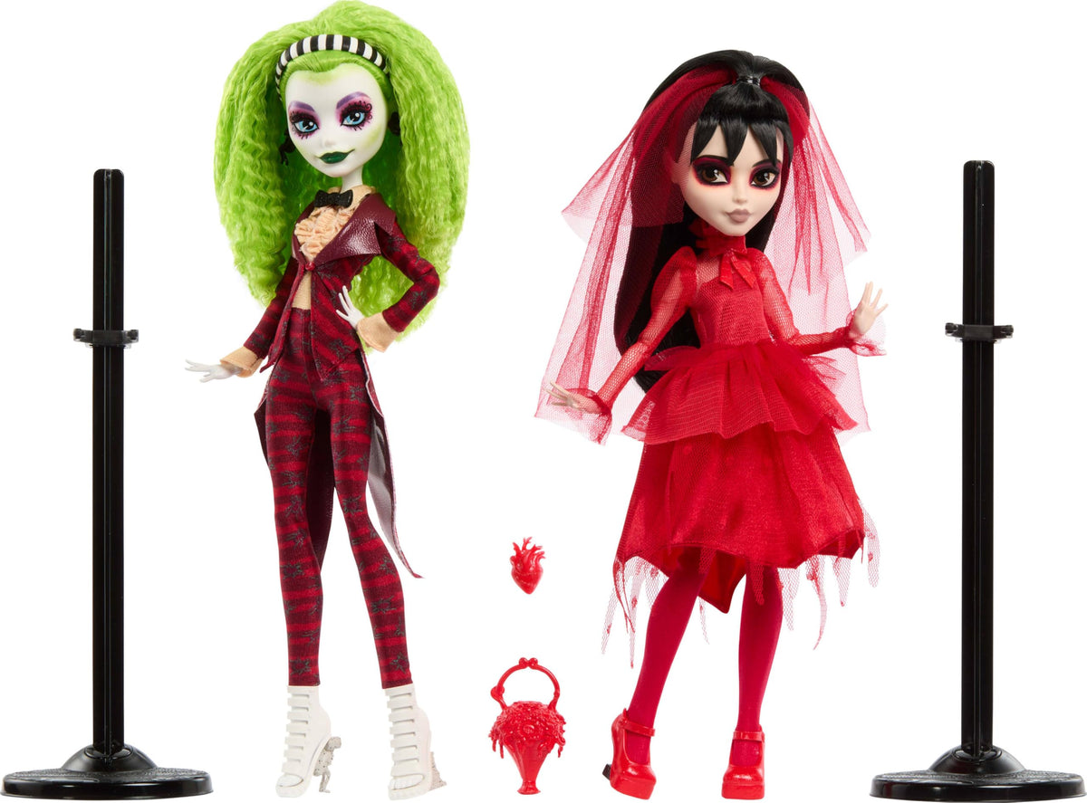 Deluxe display box and doll stands included for showcasing Beetlejuice and Lydia duo.