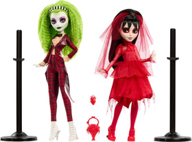 Deluxe display box and doll stands included for showcasing Beetlejuice and Lydia duo.