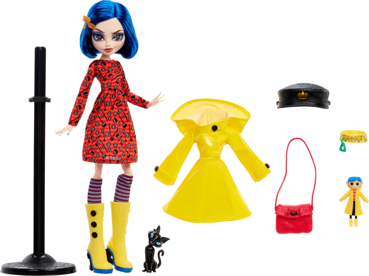 Cat figure and doll stand support display and storytelling.