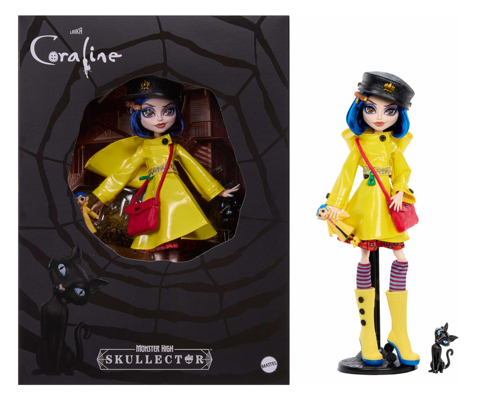 Monster High Skullector Coraline doll in yellow raincoat ready for display.