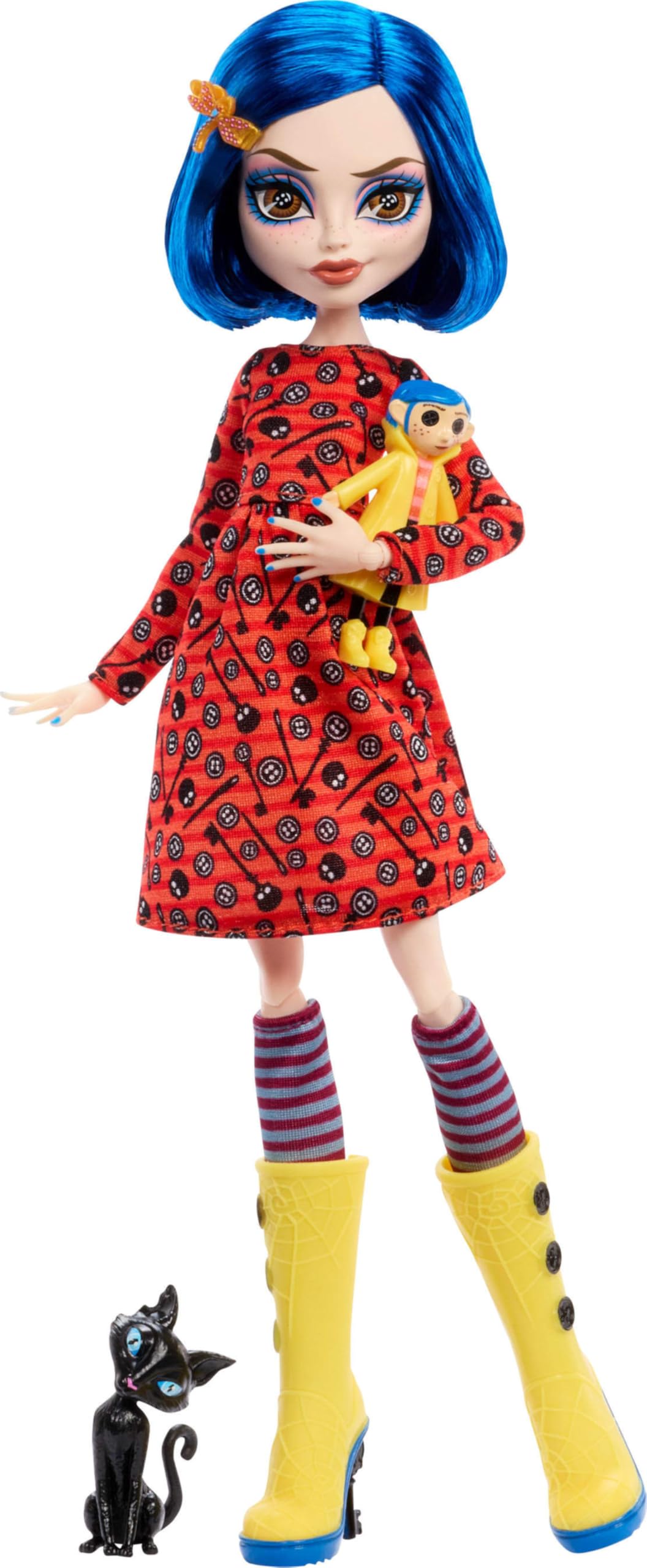 Rag doll accessory mirrors Coraline mirror image for playful detail.