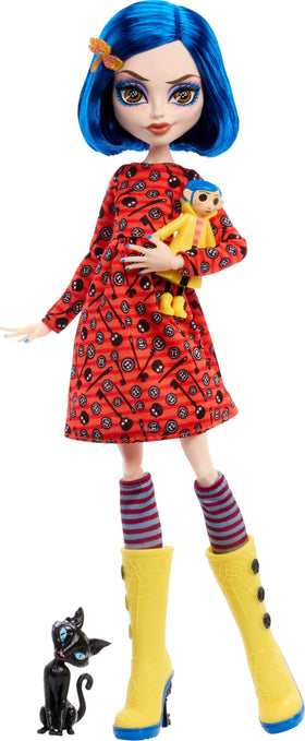 Rag doll accessory mirrors Coraline mirror image for playful detail.