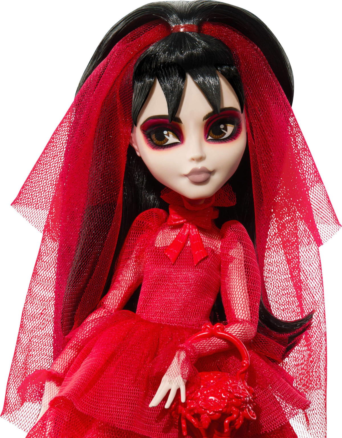 Lydia Deetz red tulle gown and jagged skirt detail, perfect for collector shelves.