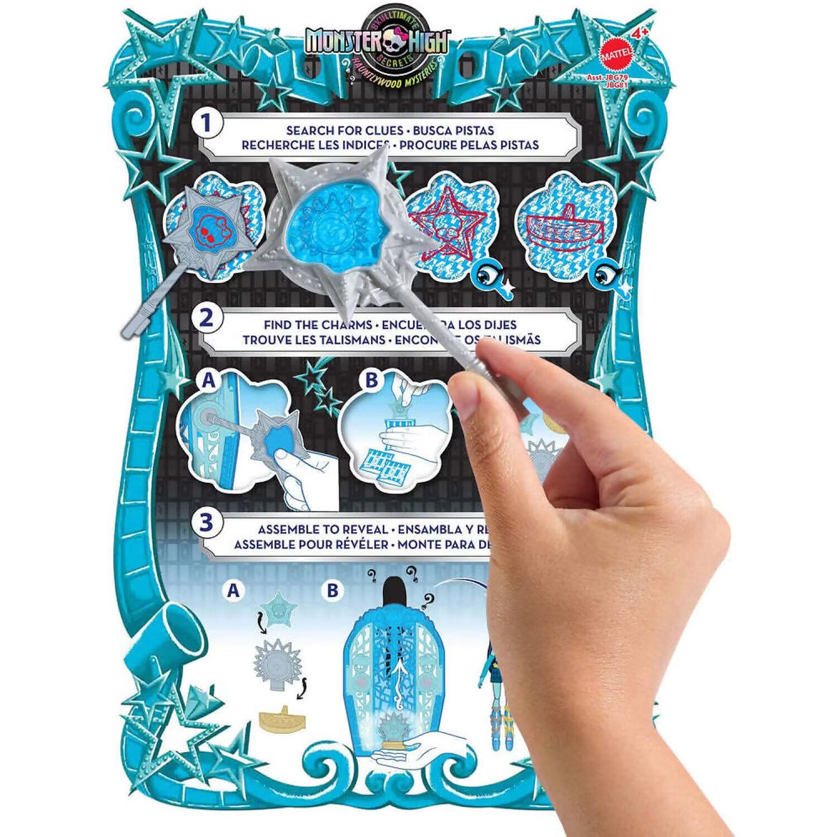 Monster High Skulltimate Secrets map and magnifying glass unlock mystery clues.