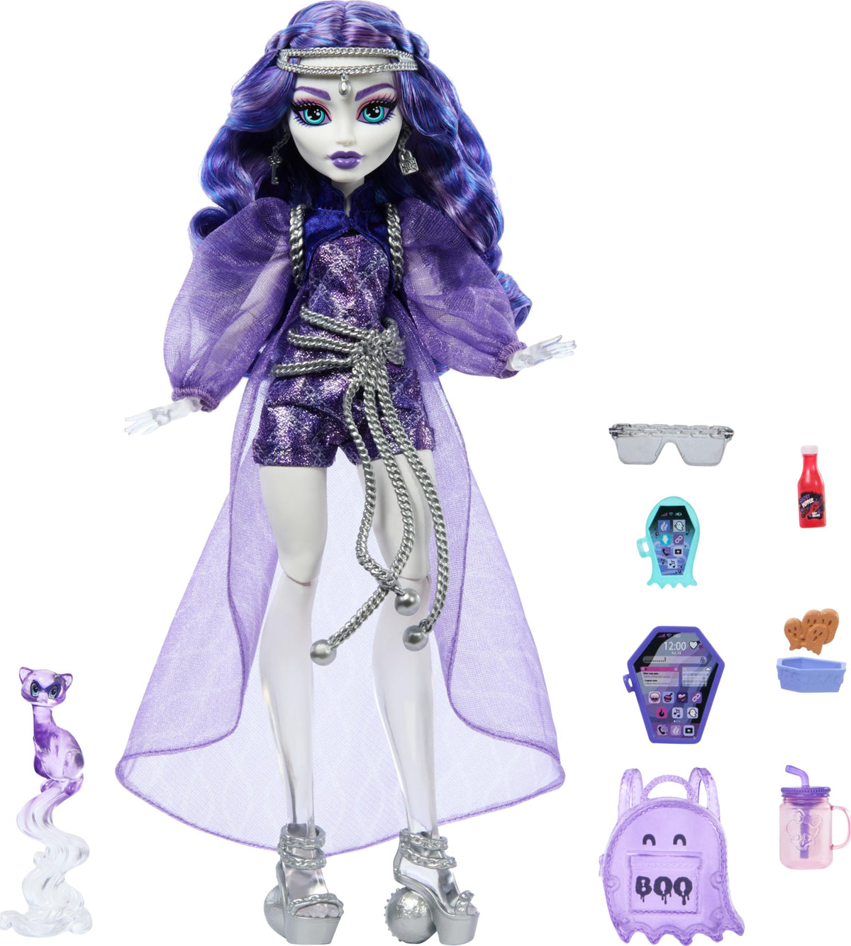 Monster High Spectra Vondergeist doll full figure ready for spooky storytelling.