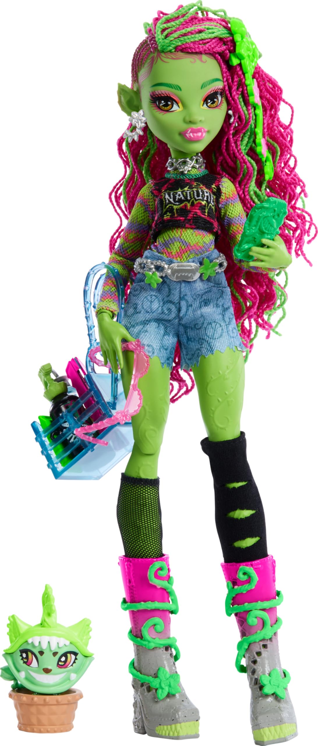 Monster High Venus McFlytrap doll front view showcasing nature-inspired fashion for imaginative play.