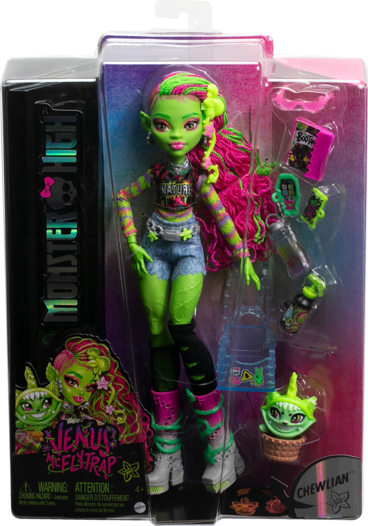 Doll with vine-wrapped boots and accessories for fashion-forward play.