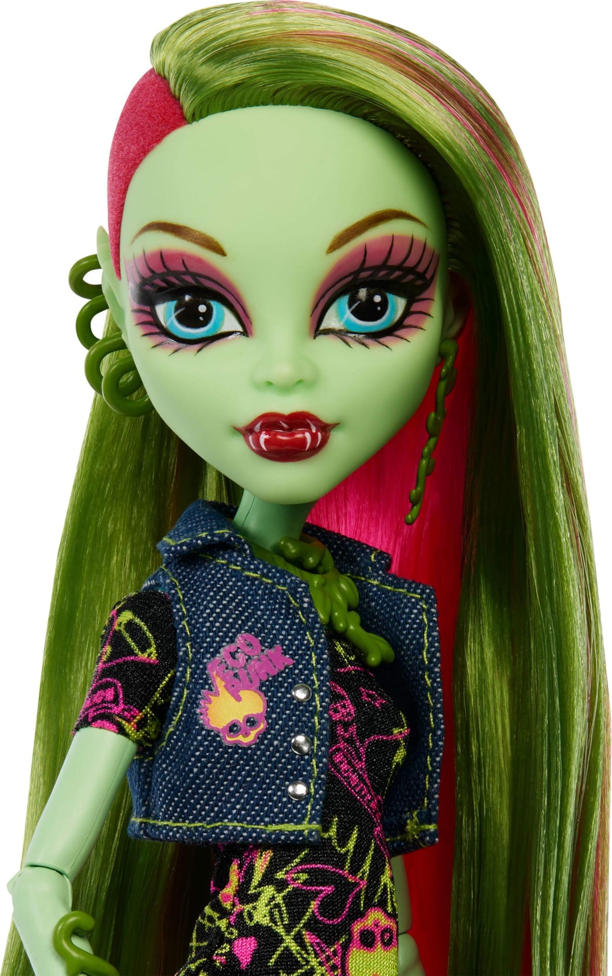 Venus McFlytrap close-up showing pink and green hair and accessories.