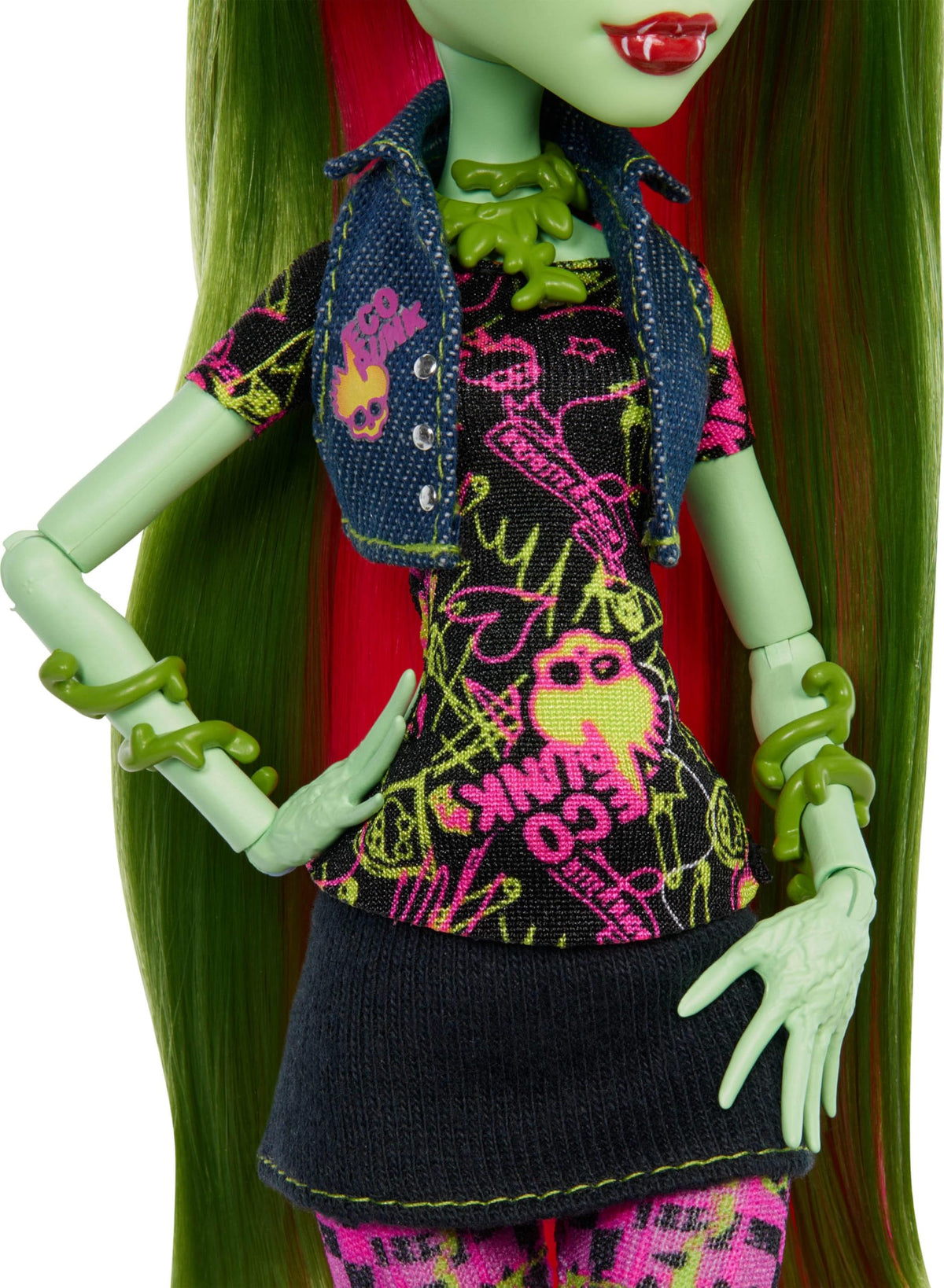 Vines wrap Venus McFlytrap's arms and legs for plant monster flair.