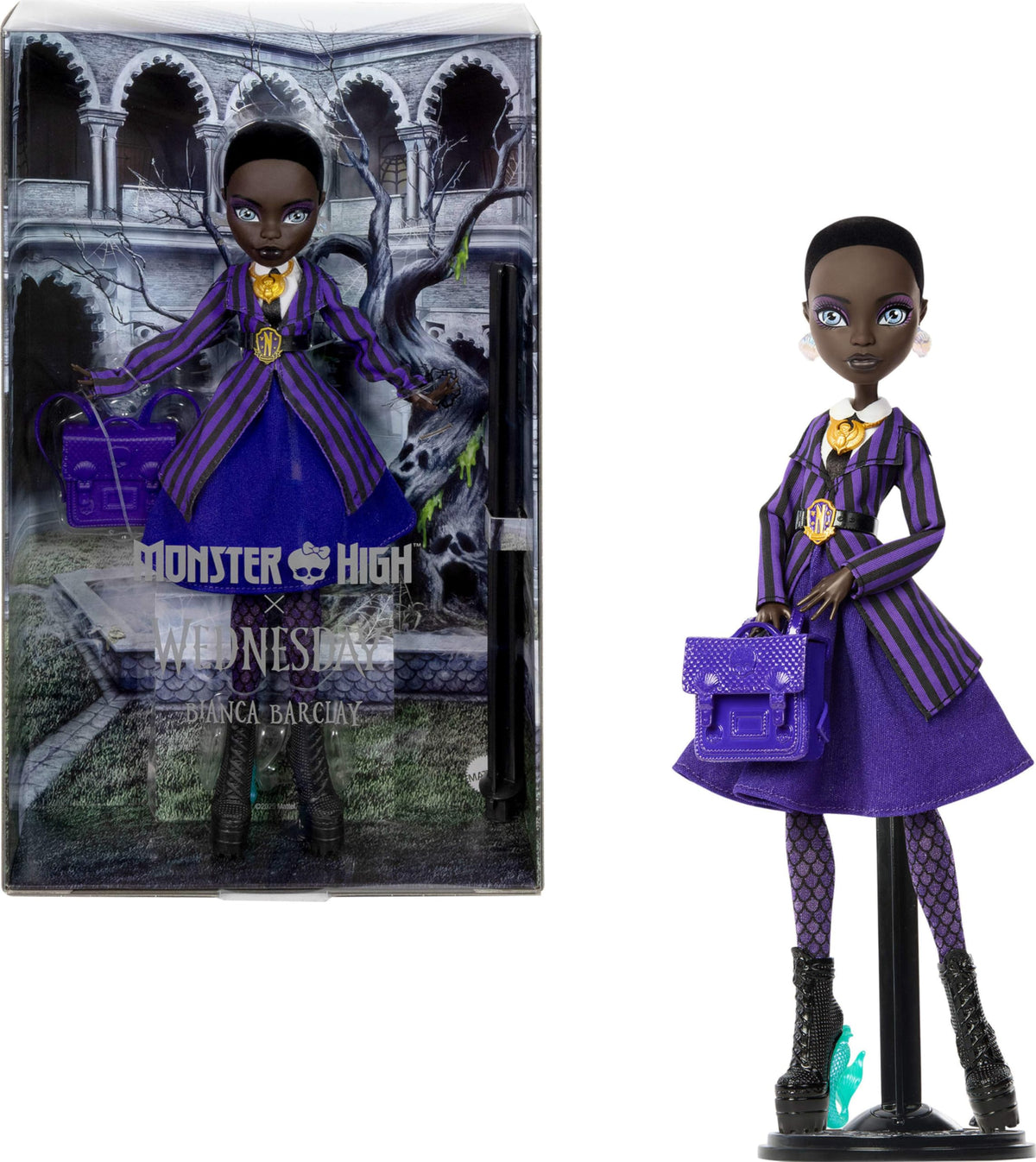 Monster High Bianca Barclay doll in Nevermore uniform with siren-inspired styling for display.