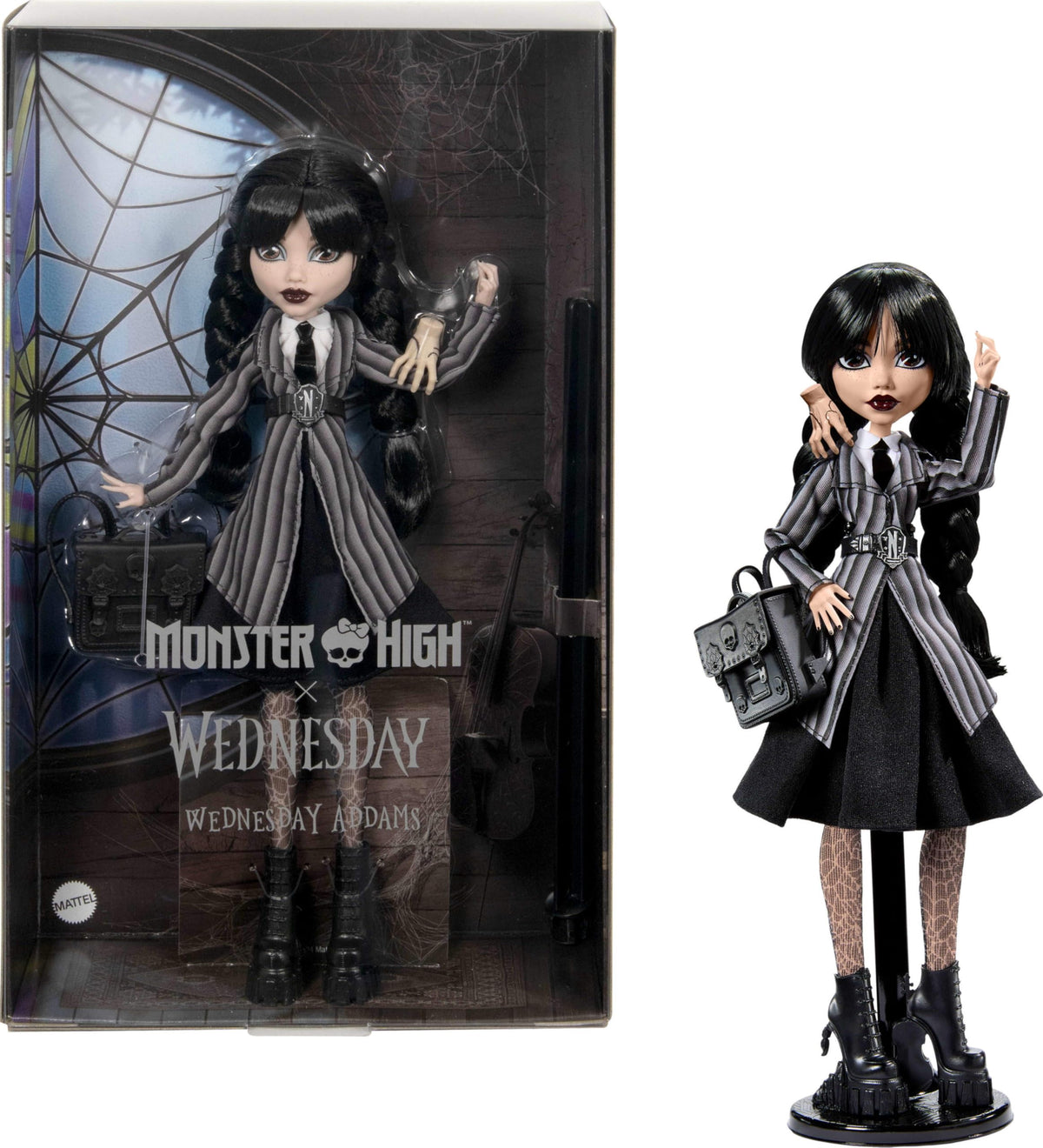 Monster High Wednesday doll in Nevermore Academy uniform, ideal for display and storytelling.