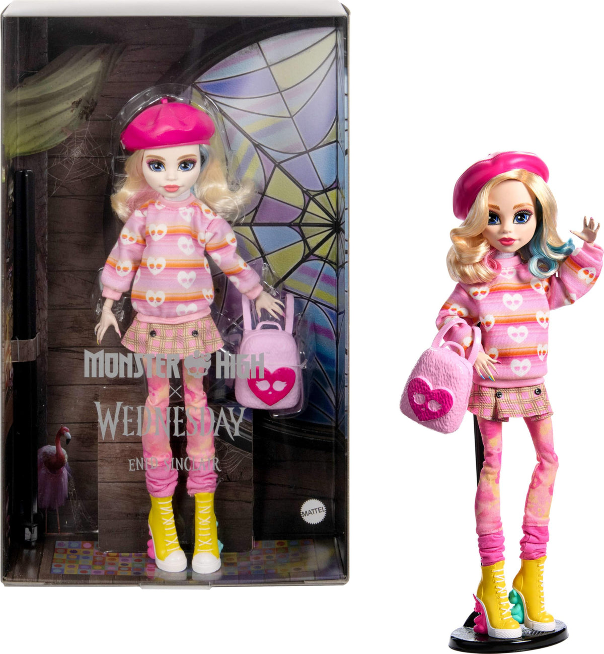 Monster High Wednesday doll in pink outfit for display and imaginative play.