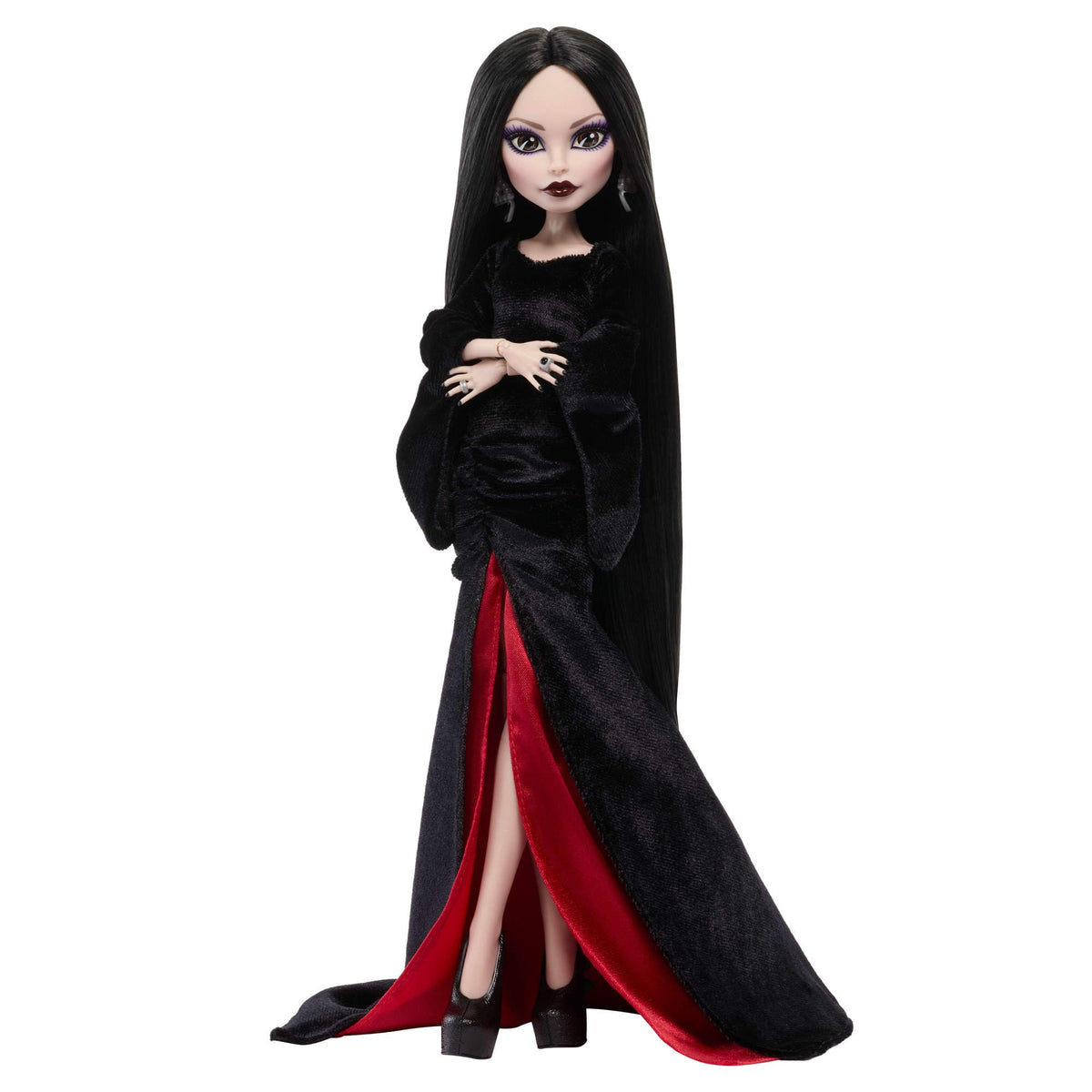 Crimson satin underskirt peeks through the gown for depth