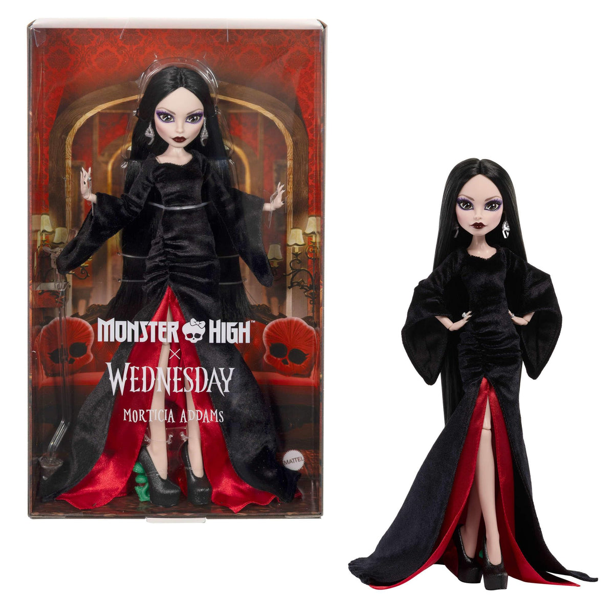 Monster High Morticia doll in black velvet dress for collectors